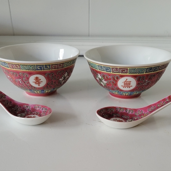 Set of 2-Mun Shou Dipping Bowls w Spoons - Picture 3 of 3